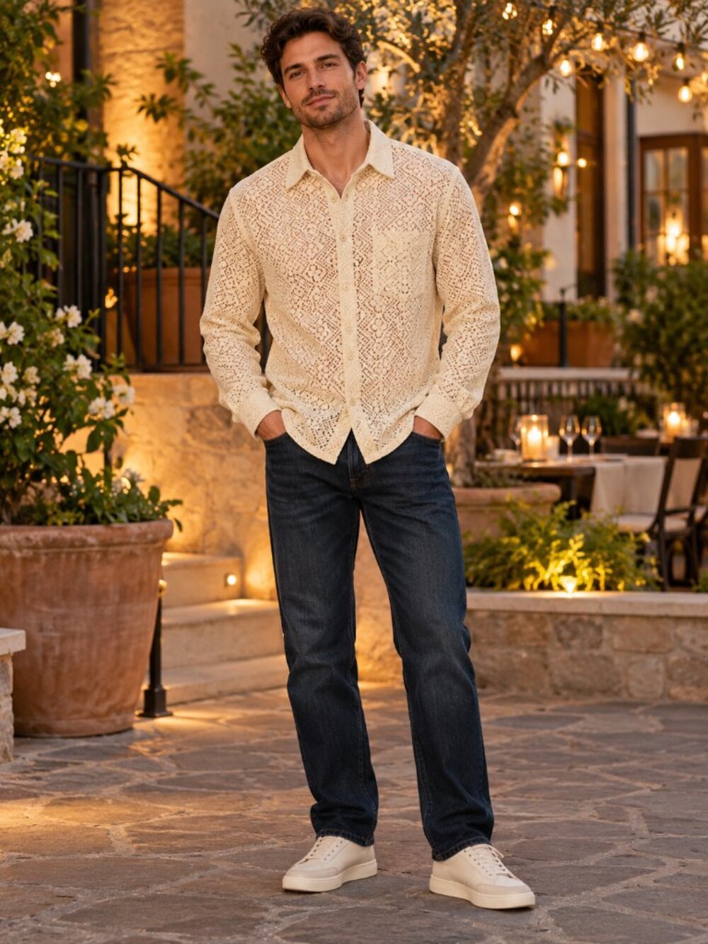 XXIII Men's Cream Lace Pattern Button Up Shirt Long Sleeve M
